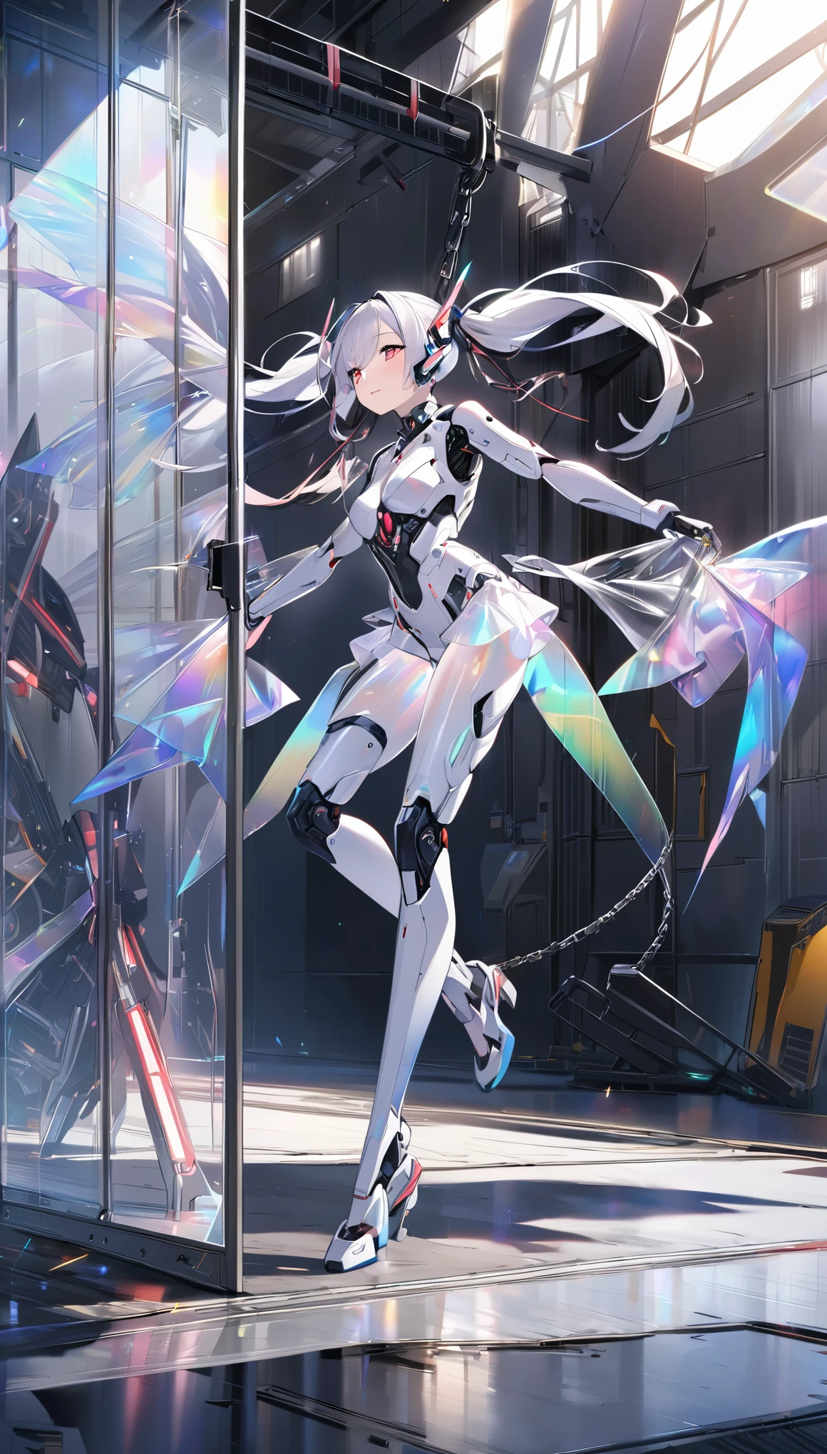 best quality, super fine, 16k, 2.5D, delicate and dynamic depiction, female mechanical android with fully mechanical body, pigtails made of chains, eyes flashing red, on combat alert, exiting hangar full of instruments, transparent, translucent, iridescent glitter