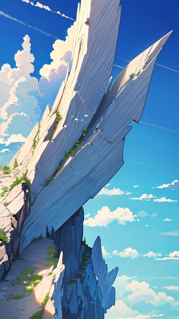 highest quality。Masterpiece。Detailed details。((Over the sea((Floating in the air))Rocky Mountain))。Rocky Mountainの上に建つヨーロッパ風の砦。The background is gray clouds and blue sky。