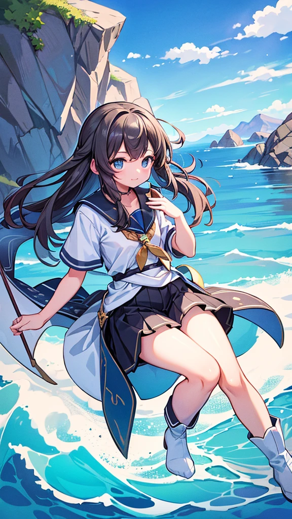 highest quality。Masterpiece。Detailed details。((Over the sea((Floating in the air))Rocky Mountain))。Rocky Mountainの上に建つヨーロッパ風の砦。The background is gray clouds and blue sky。