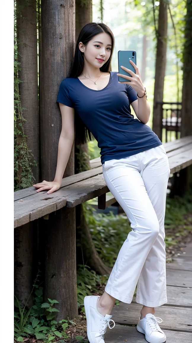 masterpiece, best quality, Surreal, Ultra Detailed, 8k resolution, RAW photos, Clear focus, (A girl in the forest), ((navy blue shirt:1.1)), Short sleeve, Long sweatpants,Full body posture, Solitary, Perfect body, Become a, 36 inches in the chest,(a charming smile:1), (sexy pose),26 years old, light,White shoes,Selfie,