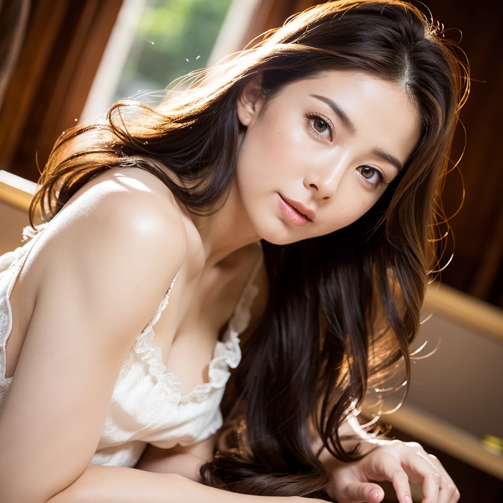 masuter piece, top-quality, ​masterpiece, hight resolution, Photorealsitic, 8K wallpaper, flawless, professional lighting, ighly detailed, Depth of the bounds written,Pale solid color background, ((one beautiful women, japanese mature)), (40 years)), Female sexy, Detailed face, beautidful eyes, bangss, tiny chest, Constricted waist, Light Brown Straight Hair, ((Staring at the viewer, serious face eyes)), gown, lying on one's side on bed, fully body photo, cowboy  shot