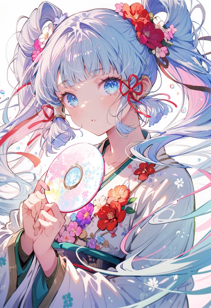 Fire Spirit Portrait, (masterpiece), (best quality), (Extremely detailed),(Disk hair),(illustration), (1 Girl), (Fashion), permanent, fashion model, Looking at the audience, (interview), (Simple background), Beautiful and delicate eyes, Exquisite beauty, floating, (High Saturation), (Colorful splash), Colored bubbles, (shine), Focus on the face, Twin Tails, Kamisato Ayaka, Light blue hair, Bangs, Hair ring, floating flowers, Flowing hair, (shining), Optimal lighting, The best shadow, whole body, Vista