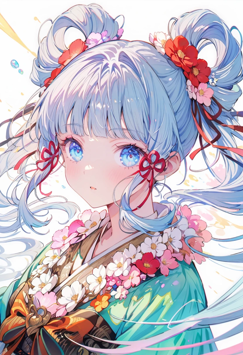 Fire Spirit Portrait, (masterpiece), (best quality), (Extremely detailed),(Disk hair),(illustration), (1 Girl), (Fashion), permanent, fashion model, Looking at the audience, (interview), (Simple background), Beautiful and delicate eyes, Exquisite beauty, floating, (High Saturation), (Colorful splash), Colored bubbles, (shine), Focus on the face, Twin Tails, Kamisato Ayaka, Light blue hair, Bangs, Hair ring, floating flowers, Flowing hair, (shining), Optimal lighting, The best shadow, whole body, Vista
