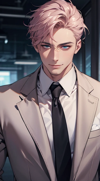 (best quality,4k,8k,highres,masterpiece:1.2),ultra-detailed,(realistic,photorealistic,photo-realistic:1.37),1 man,31 years old,mature man,very handsome,without expression,smile,short grey pink hair,blue eyes,penetrating gaze,perfect face without errors,imposing posture,businessman,office background,cinematic lighting,hdr image
