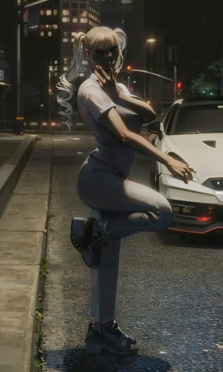 detailed shiny skin, (realistic, photo-realistic:1.4), a pretty girl, standing, looking out of window, white shirt, collared shirt, black necktie, black trousers, long sleeves, slight smile (nose blush), yellow eyes + ringed eyes, short hair + red hair + long braided hair, makima \(chainsaw man\)