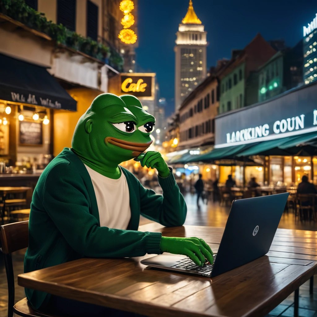 pepe the frog,sitting at a cafe table,drinking coffee,looking at stocks and market prices on a laptop,cityscape background,realistic,photorealistic,award winning,highly detailed,intricate,8k,cinematic lighting,vibrant colors,masterpiece