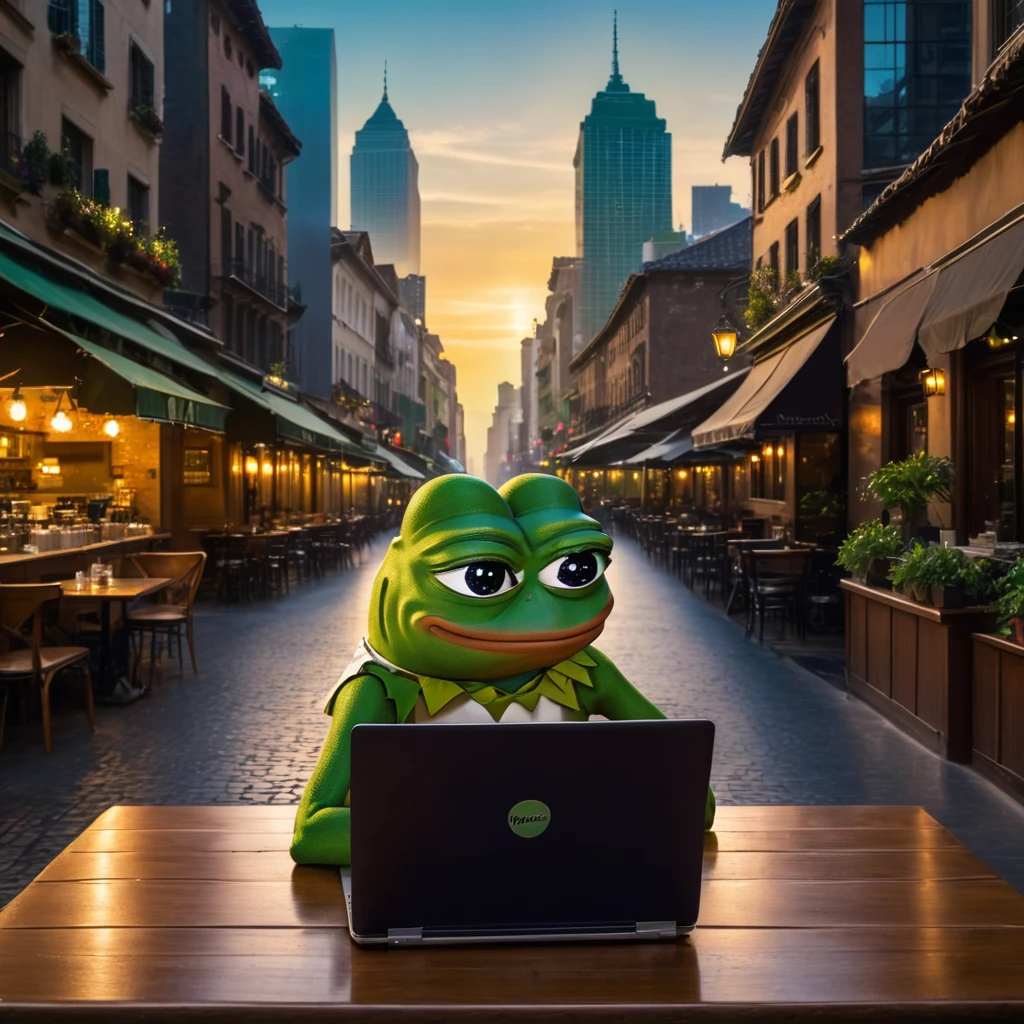 pepe the frog,sitting at a cafe table,drinking coffee,looking at stocks and market prices on a laptop,cityscape background,realistic,photorealistic,award winning,highly detailed,intricate,8k,cinematic lighting,vibrant colors,masterpiece