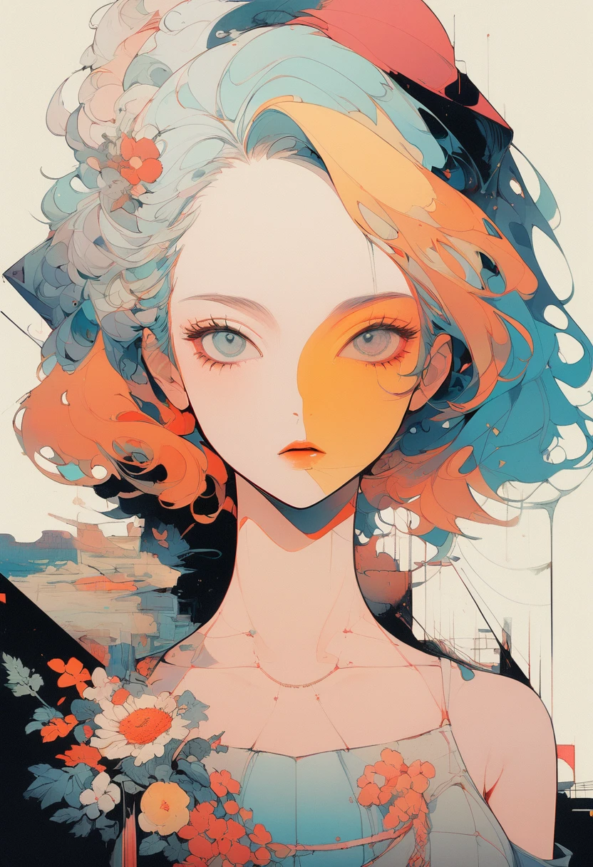 From a collage that mixes retro elements、Create dramatic contemporary digital art portraits。, Surrealism, And vintage aesthetics, Focus on intricate details、It depicts a beautiful woman's full body in a relaxed pose with a dramatic, neutral expression, Detailed Hand,blue eyes、Beautiful Eyes、Beautiful Eyes、