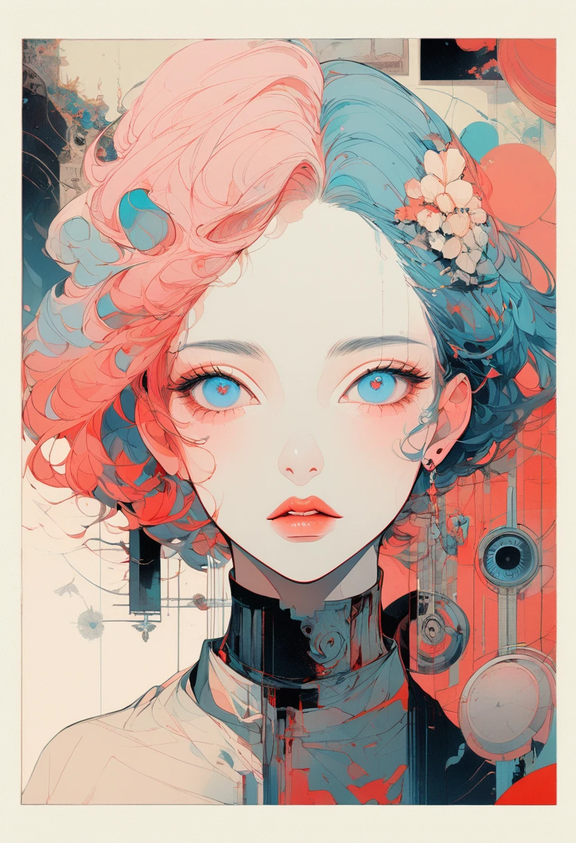 From a collage that mixes retro elements、Create dramatic contemporary digital art portraits。, Surrealism, And vintage aesthetics, Focus on intricate details、It depicts a beautiful woman&#39;s full body in a relaxed pose with a dramatic, neutral expression, Detailed Hand,blue eyes、Beautiful Eyes、Beautiful Eyes、
