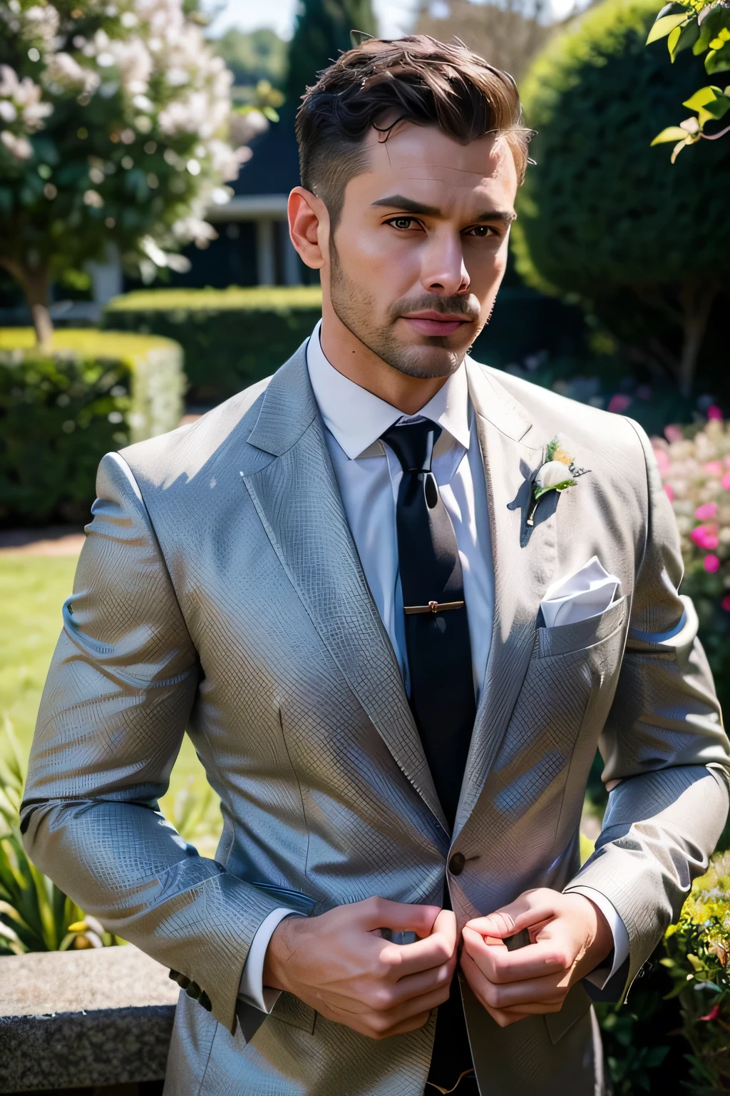 full body photo, groom in groom clothes waiting, happy, realistically, natural lights, gray stubble, full session, realistic eyes, (extremely detailed 8k CG unity wallpaper), trending on ArtStation, trending on CGSociety, high detail, sharp focus, dramatic, photorealistic, 8k hd ultra super face, garden background, morning day