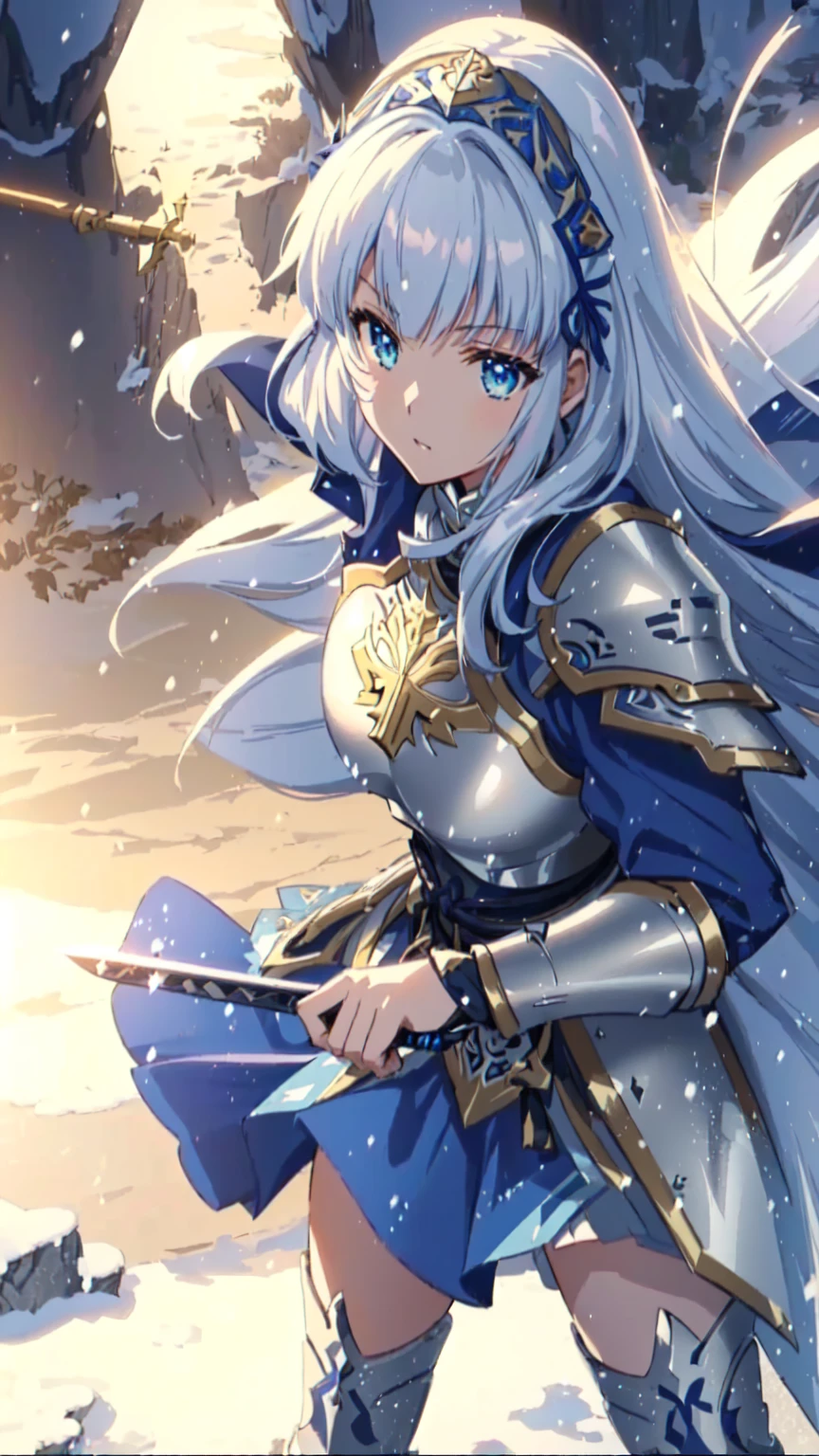 Anime girl with sword and armor in a snowy area., portrait knights of the zodiac girl, armor girl, clear and sharp rpg portrait, Detailed key anime art, epic light novel art cover, Ayaka Genshin Impact, knights of the zodiac girl, Extremely detailed artistic germ, epic light novel cover, highly detailed official artwork, genshin impact keqing, light novel cover