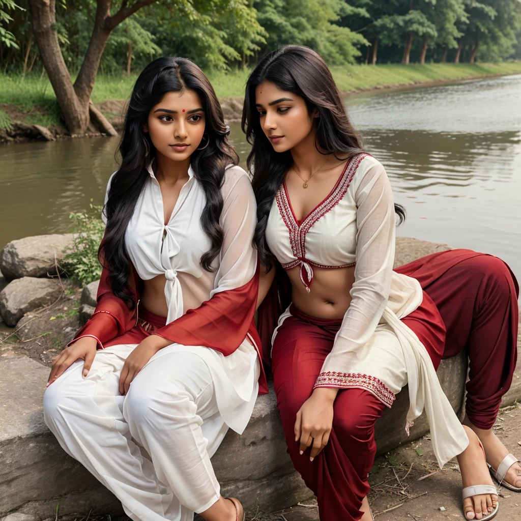 In evening time, Indian brown real girl (single girl) age of 21 with black tied hair in red suit and white salwar with red dupatta over her chest, sitting down tree on the bank of river meeting with simple looking boy of 21 yr