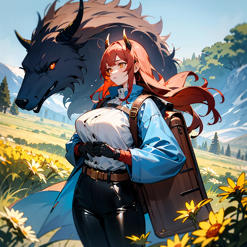 One young Korean woman with golden eyes and lush red hair and large horns, wet bronze skin, huge chest, wearing a blue coat with black fur and rolled up sleeves, steel silver heavy armor, wide leather red belt with large gold yarn, leather black pants, leather gloves, a hiking backpack, stands in the middle of a meadow blooming with flowers against the backdrop of high mountains and forests, not two characters,