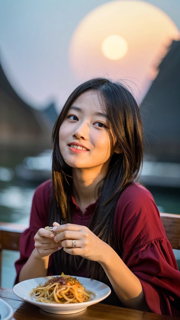 ((best quality)), ((masterpiece)), (detailed), 1girl, eating some traditional food from indonesia, with background bright light of big moon