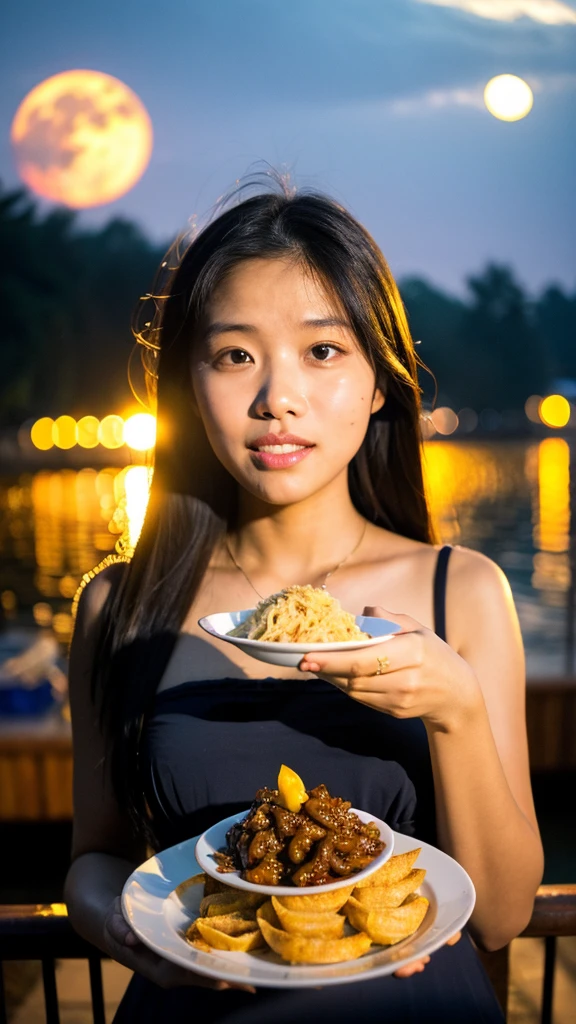((best quality)), ((masterpiece)), (detailed), 1girl, eating some traditional food from indonesia, with background bright light of big moon