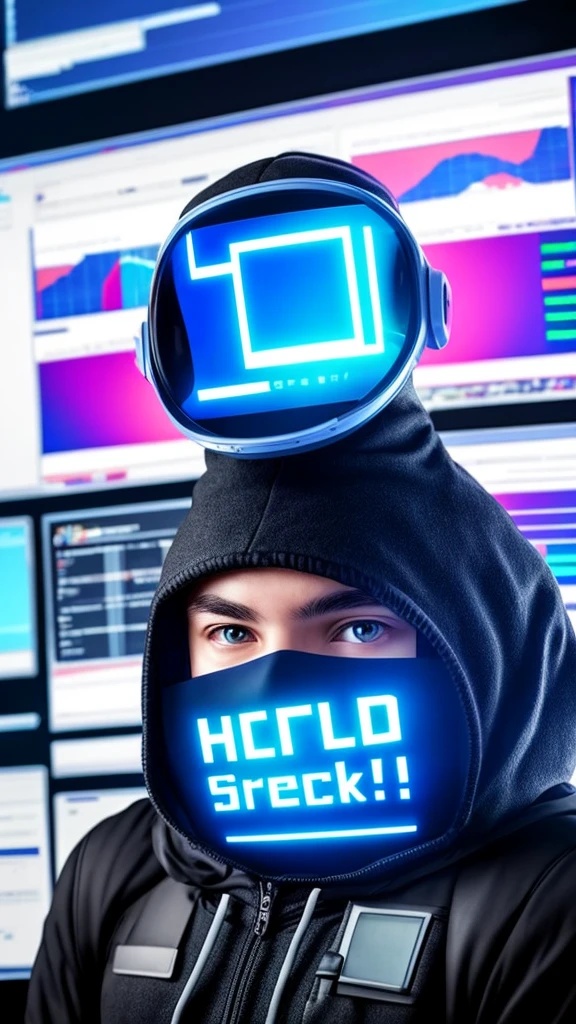 A cyber person wears a mask with a large screen in the background and displays important data that has been hacked