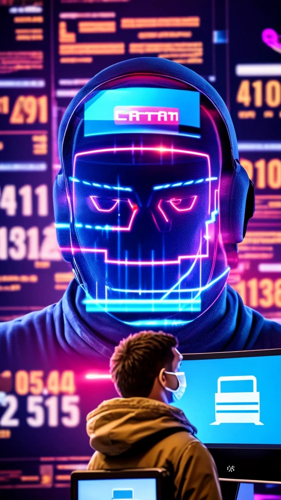 A cyber person wears a mask with a large screen in the background and displays important data that has been hacked