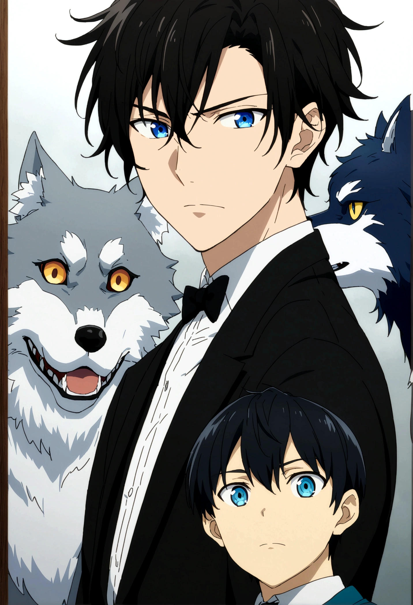Handsome, tall guy, short hair, black suit, formal , closed mouth, male, blue eyes, black hair, anime, cold, yokai wolf, ikemen, potrait, aesthetic, cool, single person