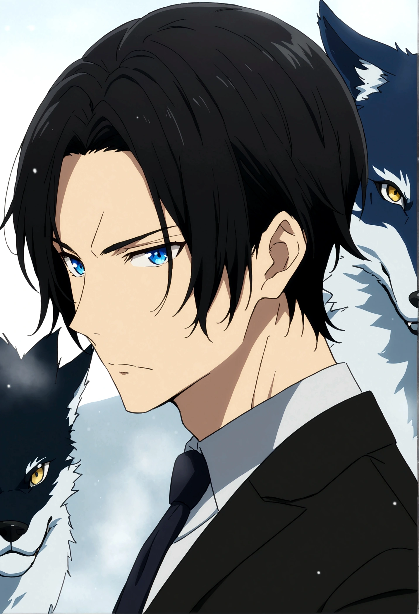 Handsome, tall guy, short hair, black suit, formal , closed mouth, male, blue eyes, black hair, anime, cold, yokai wolf, ikemen, potrait, aesthetic, cool, single person