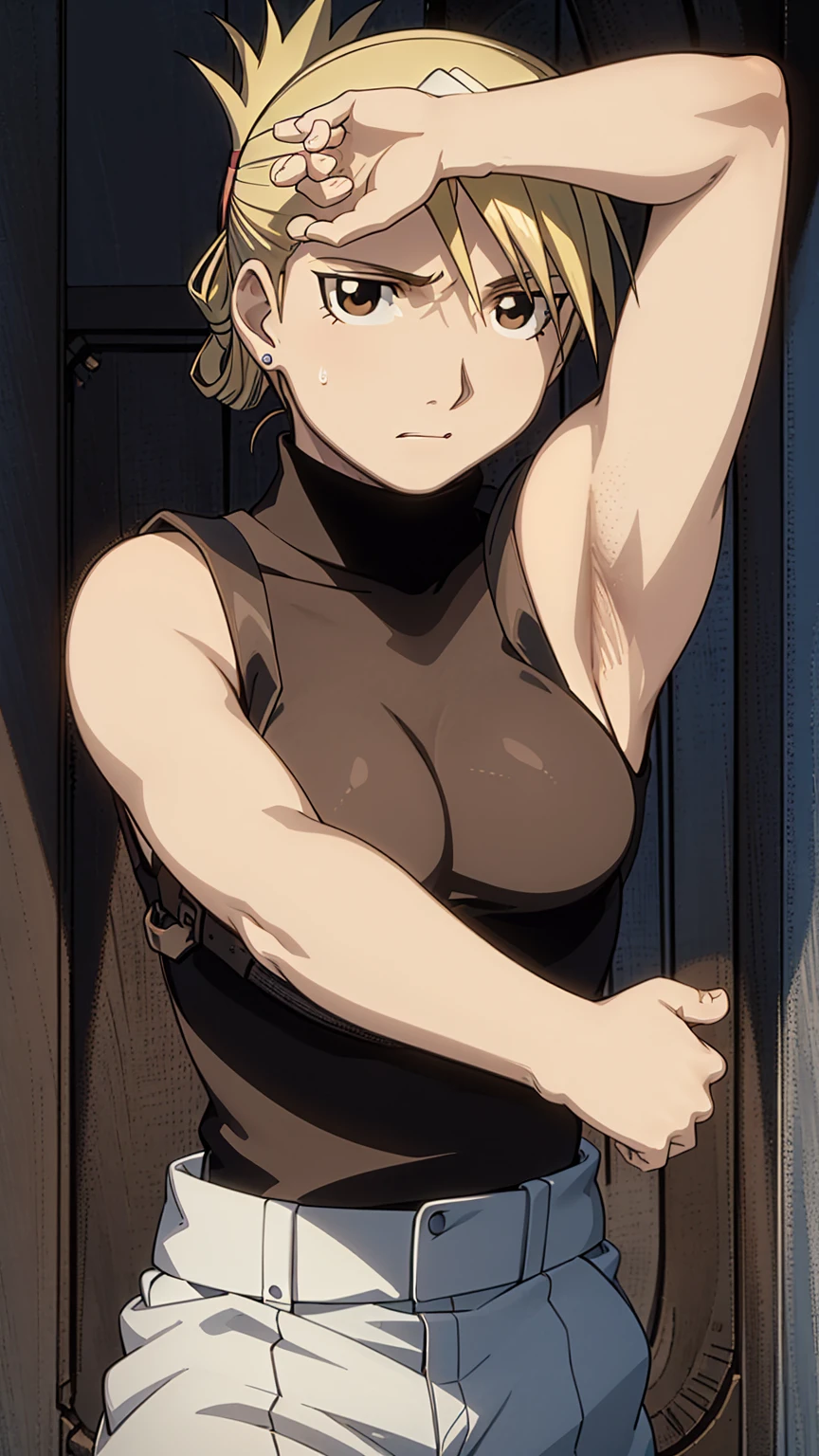 masterpiece, Highest quality, High resolution, One girl, Himliza, ponytail, Brown eyes,,Upper body close-up、big 、Nipples、Embarrassed face、Browsing Caution、Sweat、mud、Chest of torn clothes, Black Shirt, Tight shirt, holster, Short sleeve, belt, Covered navel, Blue pants,Outdoor, Remains、(Raise your arms、Armpits are fully visible)