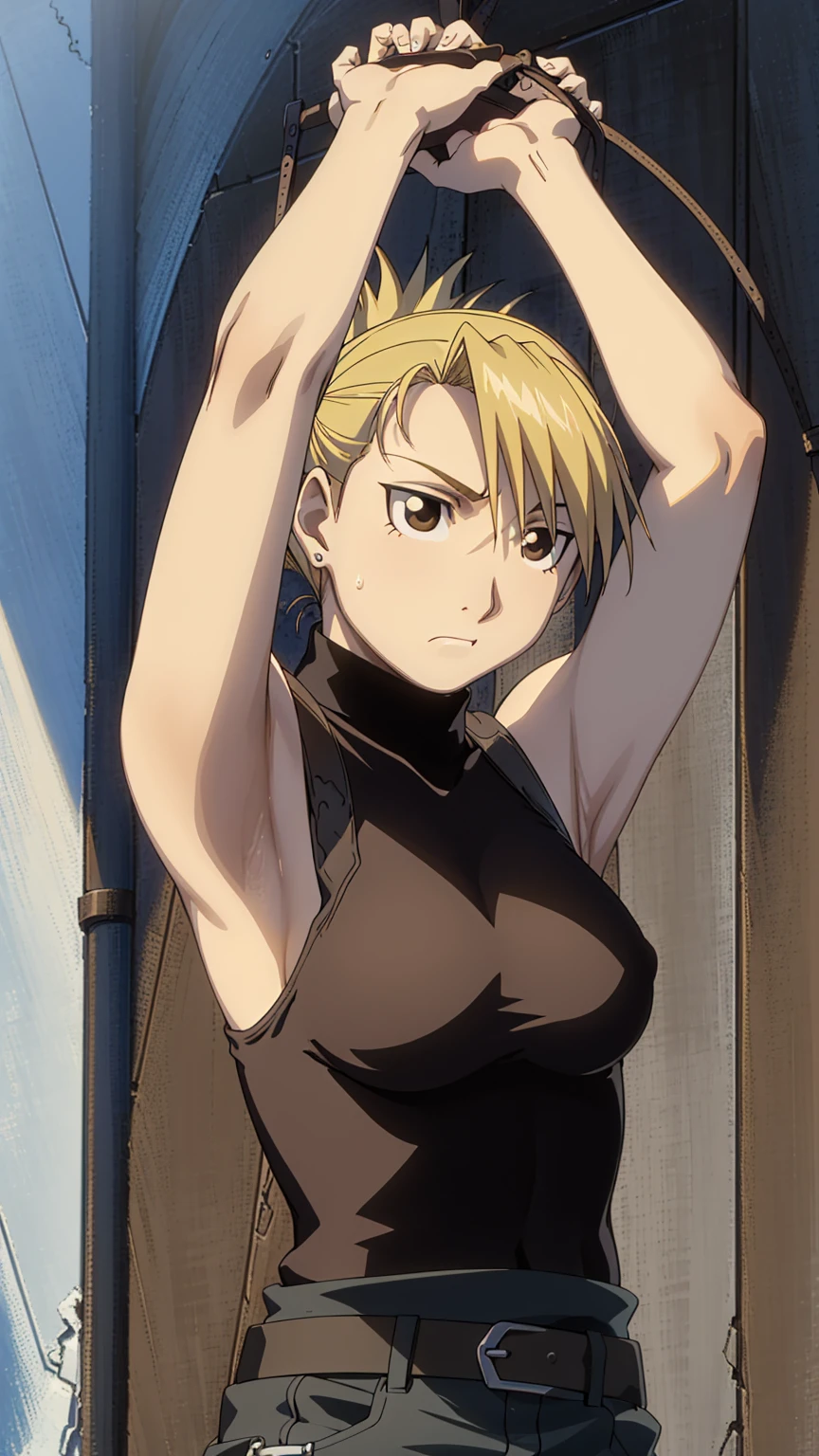 masterpiece, highest quality, High resolution, One Girl, Hamriz, ponytail, Brown eyes,big , Black Shirt, Tight shirt, holster, Short sleeve, belt, Covered navel, Blue pants,indoor、Upper body close-up、Muscular body、blush、Sweat、Composition from the front、anime、(((Close-up of a person、Raise your arms、Both armpits exposed、Sweat、Look forward)))