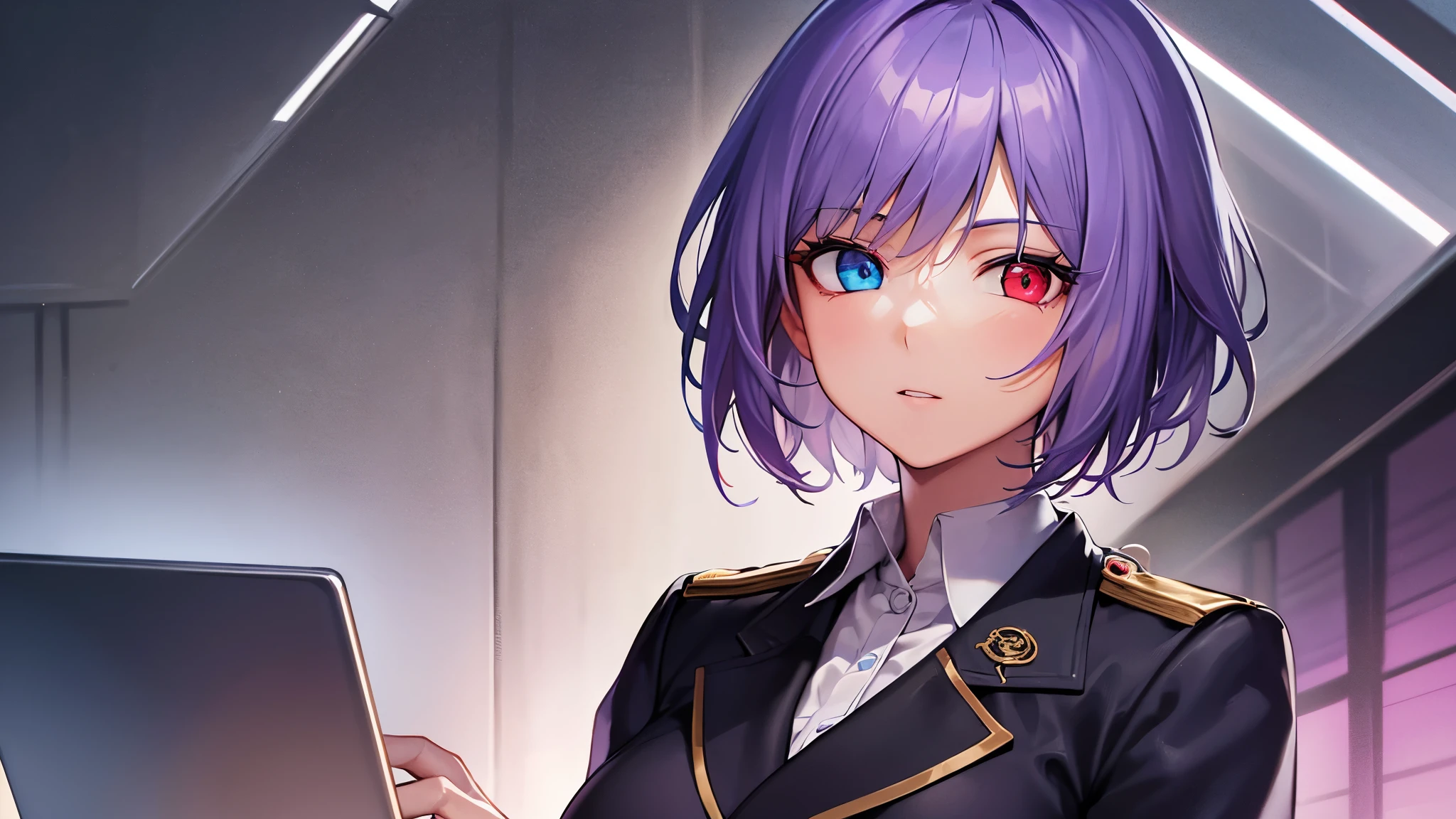 Highest quality, 8K, 4K, High resolution, (Beautifully detailed face), High Contrast,1girl,only,short hair,purple hair,heterochromia(red eyes,blue eyes), Highly detailed slanted eyes, Moderately sized breasts, Blazer-type uniform, Learning, laptop