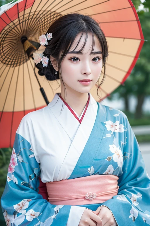 masterpiece, best quality, RAW photo,8k,1girl, perfect female figure, alluring, clean, beautiful face, (beautiful body:1.3), detailed face, (detailed body:1.3), detailed eyes, Sony A7R4, Zessie 50mm F1.8, wearing kimono_clothes,holding umbrella,
