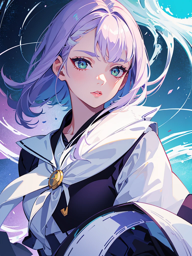 1girl,realistic,short hair,green eyes,empty eyes,purple hair,gigantic breast,expressionless, uniform,sailor suit,skirt,extremely detailed eyes and face,longeyelashes,beautiful detailed lips,masterpiece,upper body,blue background,lucy