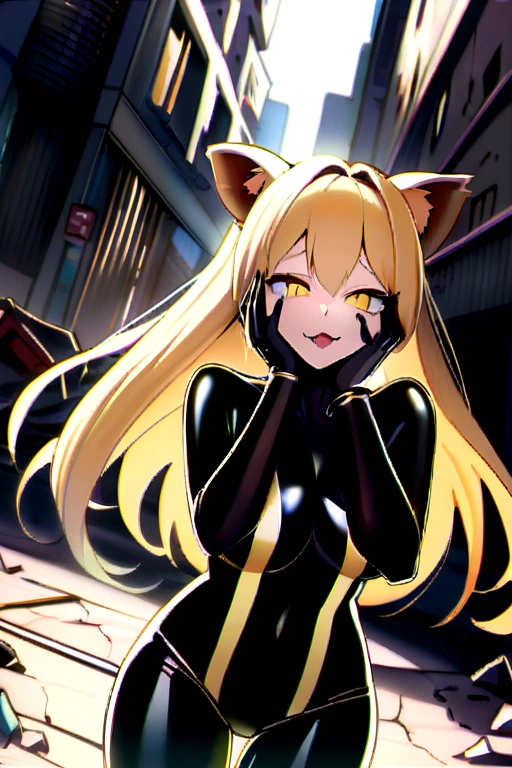 masterpiece, best quality, extremely detailed, 1girl, milf, solo, {siege_arknights:1.10}, (huge breasts:1.4), (((animal_ears, lion_ears, (blonde_hair), long_hair, yellow_eyes, slit pupils))), parted lips, (((latex bodysuit))), ((naughty face, sadistic, smirk), open mouth, fangs)), ((hands on own face, destroyed buildings))