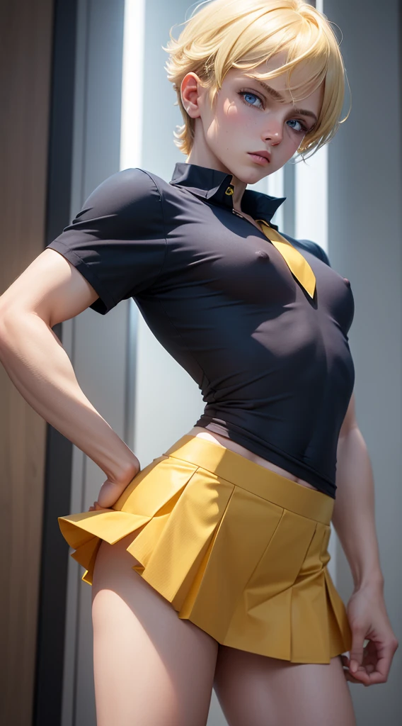 blonde boy, blue eyes, femboy, skirt, tight shirt, flat chest, short hair, mullet, wearing yellow, mean glare.  thin shirt, nipples, collar,