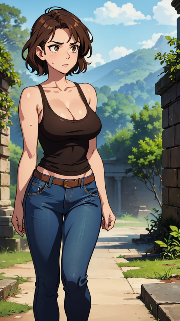 masterpiece, best quality, ultra-detailed, 1girl, eye-level shot, walking, milf, brown wavy short hair, sweaty skin, cleavage, tank top, jeans, ancient ruins of jungle