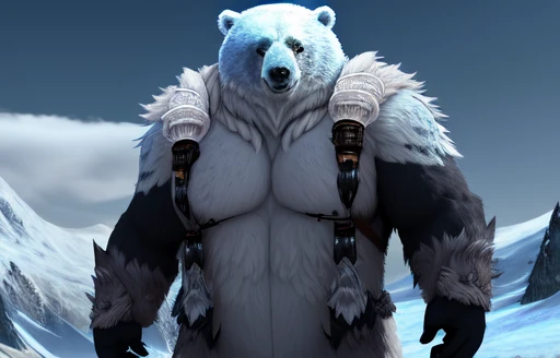 Polar bear stands looking at the sky Medium muscular, frozen planet setting, snowstorm , zoomed in on crotch, , chunie, darkgem, He uses an old, torn blanket made of animal hide as a garment for his body.
