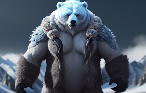 The bear is growling furiously, the bear is out of control, Polar bear stands looking at the sky Medium muscular, frozen planet setting, snowstorm , zoomed in on crotch, , chunie, darkgem, He uses an old, torn blanket made of animal hide as a garment for his body.