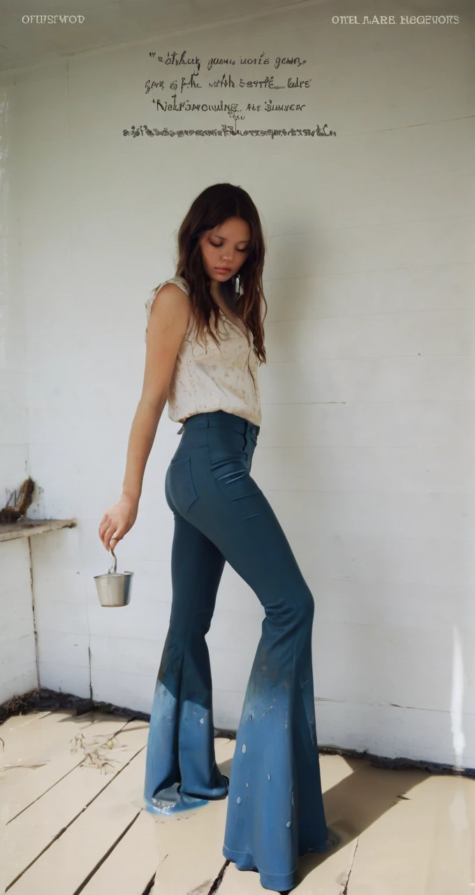 70s setting, film photo of girl in [muddy, dirty]  worn-out high waisted flare leggings pants and blouse drowning in bog, flares