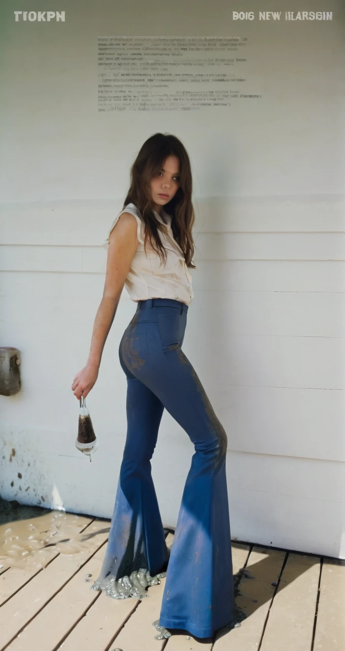 70s setting, film photo of girl in [muddy, dirty]  worn-out high waisted flare leggings pants and blouse drowning in bog, flares