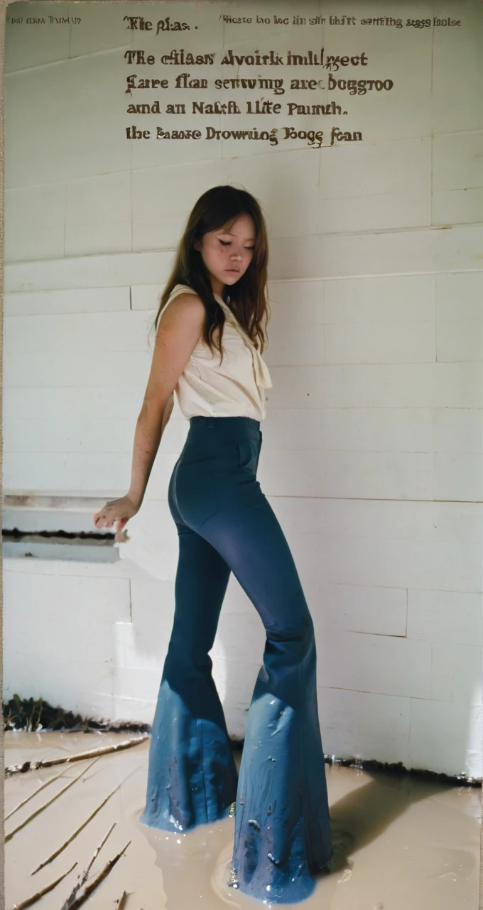 70s setting, film photo of girl in [muddy, dirty]  worn-out high waisted flare leggings pants and blouse drowning in bog, flares