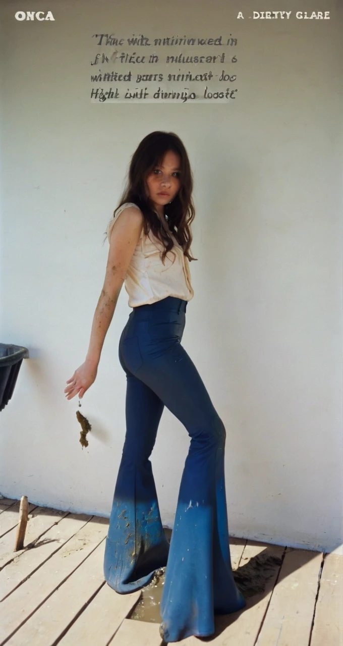 70s setting, film photo of girl in [muddy, dirty]  worn-out high waisted flare leggings pants and blouse drowning in bog, flares