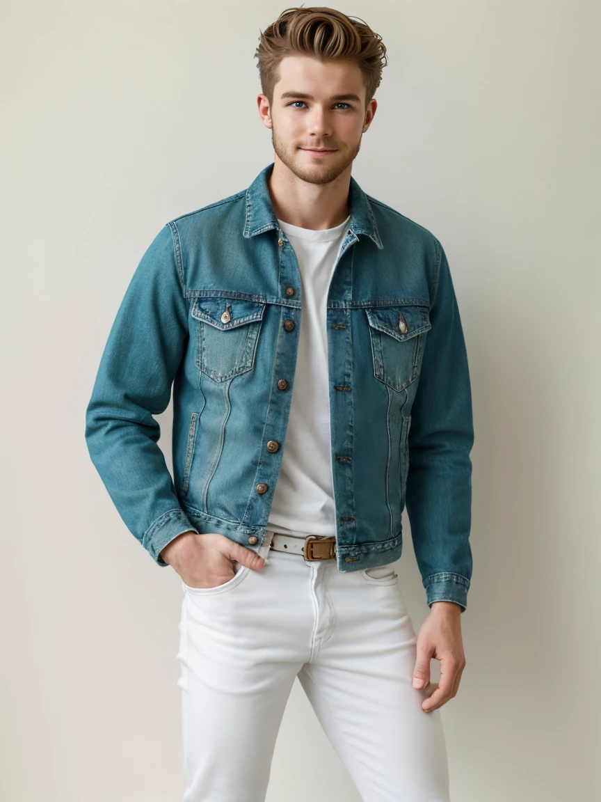 A full-body-shot of a 22-years-old Canadian named Ethan Parker, of white English descent, with a rugged, masculine face texture, short back hair, wavy hair, green eyes, slightly smile, wears a denim jacket, jeans pant, a handsome boy, detailed eyes, detailed face, detailed hands, detailed fingers, he looks at the viewer. He is in a blurry wooden cafe minimalist plain white background with soft lighting. He's standing casually, casual pose, full figure. 