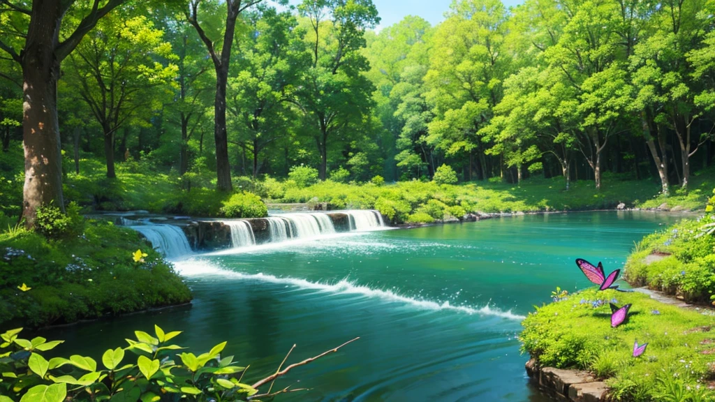 a large forest with beautiful vegetation and butterflies, a crystalline river