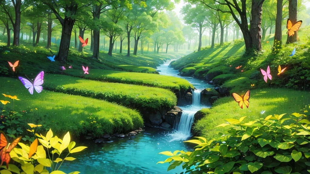 a large forest with beautiful vegetation and butterflies, a crystalline river