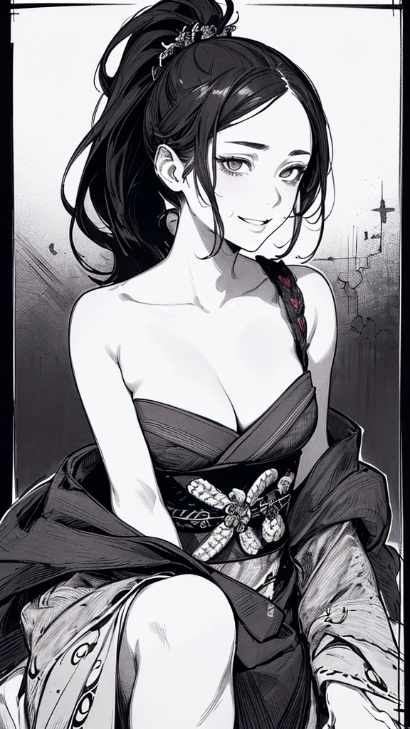 Best quality, (background detail), high contrast, very beautiful woman, detailed original illustration, functional, samurai, kimono, black hair, ponytail delicate face, charm, bad girl, sexy, real breasts, crazy smile, crazy eyes, black background, (black background: 1. 5), beautiful line drawing, monochrome