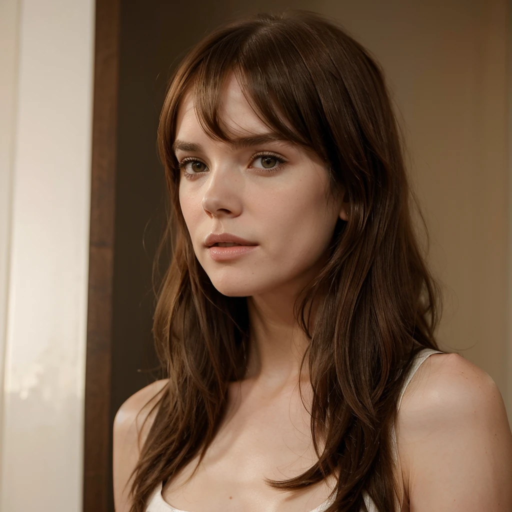 1girl, One Very thin skinny tall pretty skinny zoey deutch, 39 years old, mid long hair, bangs, fringe hair, chatain hair ,bangs hair falling over the forehead, heavy bangs, her hair looks like freja beha erichsen hair,