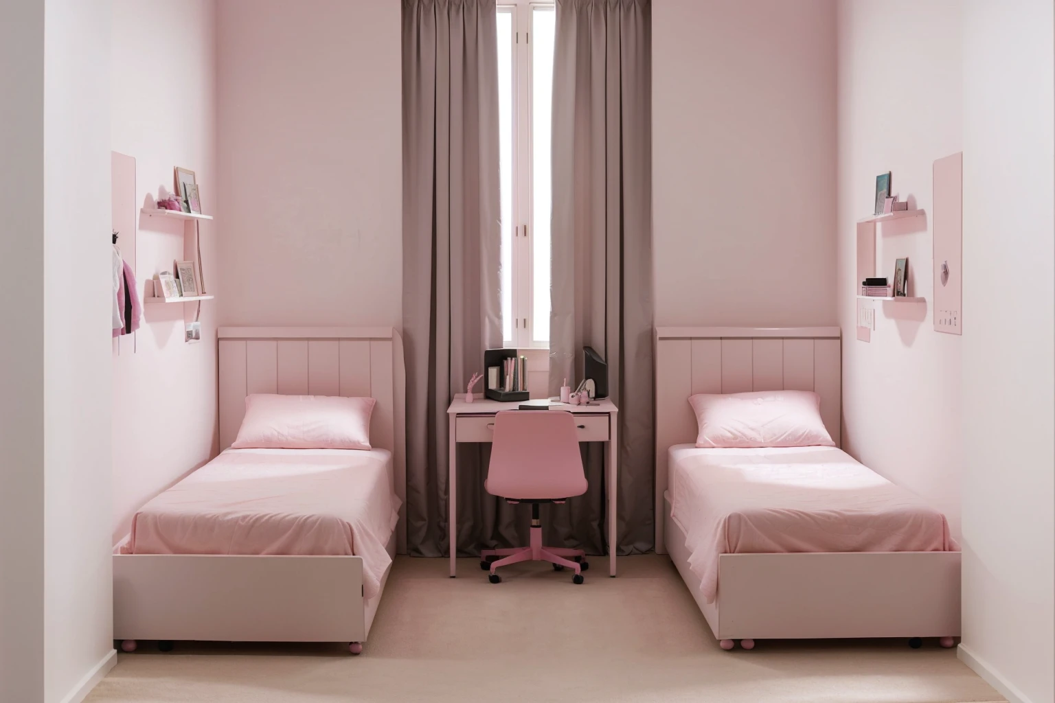 there are two girls pink beds in a small room with a desk and dark pink chair, front view and the curtain in the center, with no wardrobe, (new classic design)