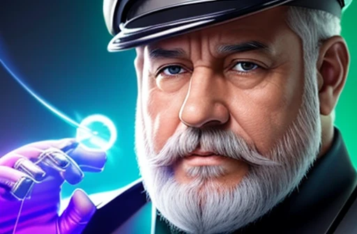 Ele olha Para uma tela de holograma a sua frente , He is looking at his mechanical palm, He observes his own bionic hand, The space general aged 65 has long gray beard and long beard, wears a futuristic uniform, he is fat bearded, long sleeve uniform , wearing leather gloves on your hands, he has his arms crossed seriously, speaking to the viewer, He wears a white general's hat on his head. He wears a general's hat.