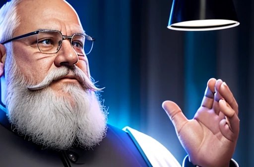 Ele olha Para uma tela de holograma a sua frente , He is looking at his mechanical palm, He observes his own bionic hand, The space general aged 65 has long gray beard and long beard, wears a futuristic uniform, he is fat bearded, long sleeve uniform , wearing leather gloves on your hands, he has his arms crossed seriously, speaking to the viewer, He wears a white general's hat on his head. He wears a general's hat.