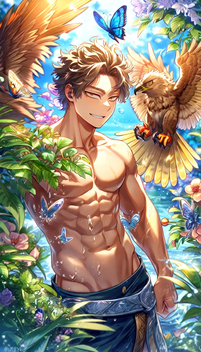 absurdres, highres, ultra detailed, HDR, master piece, best quality, extremely detailed face, delicated features, Hawks, ash-brown hair, expressive brown eyes, faint stubble, Boku No Hero Academia, solo, sexy man, handsome, handsome smile, bare chest, fantasy, magical, butterflies, summer, green leaves, flowers, water