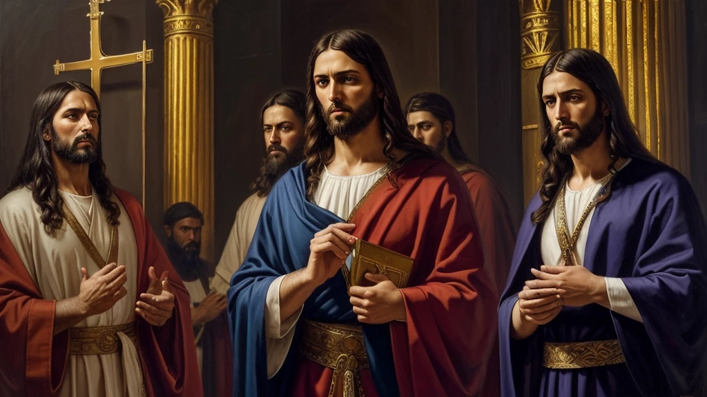 jesus,pilate,traditional,religious,painting,oil,pictorial technique,expressive brushstrokes,dramatic lighting,symbols of faith,emotional,religious devotion,cross,detailed faces,sacred atmosphere,vivid colors,divine illumination,celestial aura,deep shadows, sacred figures,Artwork:1.2,realistic,high resolution,ultra-detailed