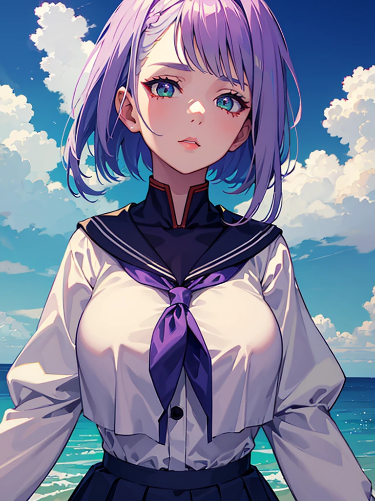 1girl,realistic,short hair,green eyes,empty eyes,purple hair,gigantic breast,expressionless, uniform,sailor suit,skirt,extremely detailed eyes and face,longeyelashes,beautiful detailed lips,masterpiece,upper body,blue background,lucy