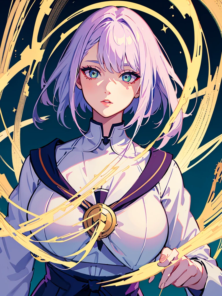 1girl,realistic,short hair,green eyes,empty eyes,purple hair,gigantic breast,expressionless, uniform,sailor suit,skirt,extremely detailed eyes and face,longeyelashes,beautiful detailed lips,masterpiece,upper body,blue background,lucy