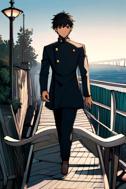 A boy with light tan skin and black hair and brown eyes wearing a gakuran while walking on the pier with a girl with black hair and light skin and red eyes wearing a sailor fuku skirt long